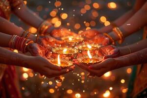 AI generated Hands Holding Diwali Sparklers Illuminating the Night. View of hands holding sparklers, illuminating the festive night with warm light and bokeh. photo