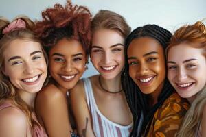 AI generated Joyful Diverse Women with Colorful Hairstyles Close-Up. Joyful diverse women with colorful hairstyles, sharing a genuine moment of happiness. photo