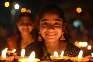 ai generado familia tradicion de Encendiendo diyas en día de la independencia de cerca de un joven niña Encendiendo de barro lamparas rodeado por su familia durante diwali celebraciones foto