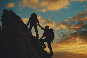 ai generado escaladores silueta en contra puesta de sol en Oceano acantilado. dos rock escaladores, silueta por el ajuste sol, escala un escarpado acantilado con vista a el océano. foto