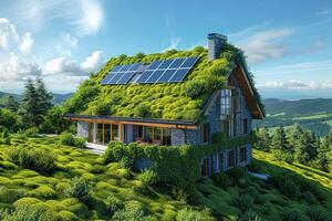 AI generated Traditional Home with Modern Sustainable Technology. Image contrasting a traditional house with a modern twist, featuring a green roof and solar panels, set against picturesque landscape. photo