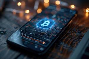 AI generated Cryptocurrency Application Interface on Smartphone. Detailed view of a smartphone screen displaying a secure Bitcoin trading platform. photo