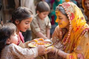 ai generado familia celebrando holi con de colores polvo. un familia reúne juntos, sonriente como ellos jugar con vistoso gulal polvo durante holi festival. foto