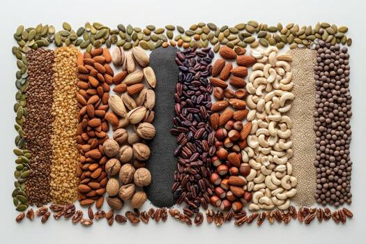 AI generated Artistic Nuts and Seeds Composition with Flowers. A creative display of various nuts and seeds with colorful flowers on a white background. photo