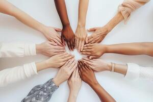 AI generated United Circle of Women's Hands from Various Backgrounds. Close-up of a united circle of hands from women of diverse ethnic backgrounds on a white backdrop. photo