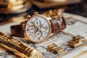 AI generated Elegant Wristwatch Amidst Financial Documents and Gold. A classic elegant wristwatch placed on financial newspapers next to gold bars, symbolizing wealth and time management. photo