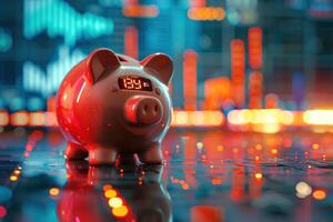 AI generated Digital Piggy Bank on Financial Data Background. A digital piggy bank overlay stands in the foreground with glowing financial charts and graphs in the background. photo