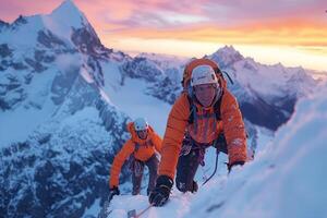 ai generado escaladores valiente un Nevado ascenso. aventurero escaladores ascendente un Nevado montaña rostro, uno alcanzando fuera a apoyo el otro. foto