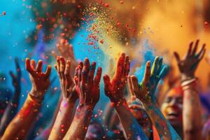 AI generated Exuberant Holi Celebration with Colorful Powder in Air. Joyful hands tossing vibrant Holi powder skyward, creating a dynamic and colorful celebration atmosphere. photo