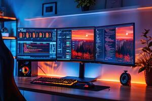 ai generado pantalla multiple computadora preparar con código y analítica. un avanzado pantalla multiple computadora preparar mostrando codificación software y datos analítica en un habitación con ambiente Encendiendo. foto