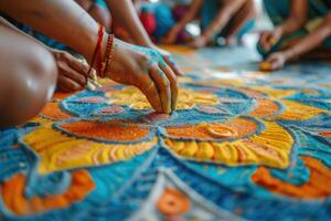 ai generado amigos creando vistoso rangoli Arte juntos. de cerca de manos meticulosamente elaboración un vibrante rangoli, un tradicional indio Arte formar durante un festival. foto