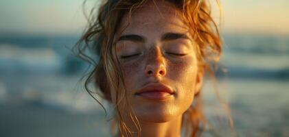 ai generado sereno mujer con pecas disfrutando pacífico momento. de cerca de un sereno joven mujer con pecas, ojos cerrado, disfrutando un pacífico momento en natural luz de sol. foto