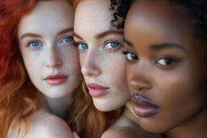 AI generated Intimate Portrait of Diverse Female Faces. An intimate and close-up portrait of three young women of various ethnicities displaying natural beauty. photo