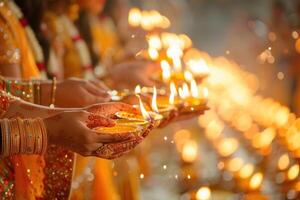 AI generated Hands Holding Diwali Sparklers Illuminating the Night. View of hands holding sparklers, illuminating the festive night with warm light and bokeh. photo