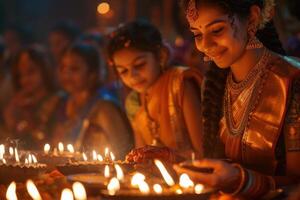 ai generado devoto mujer Orando en medio de diwali diyas. joven mujer en tradicional atuendo Orando con doblada manos, rodeado por iluminado diwali de barro lámparas foto