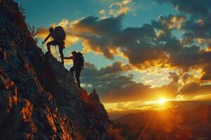 AI generated Climbers Silhouetted Against Sunset on Ocean Cliff. Two rock climbers, silhouetted by the setting sun, scale a steep cliff overlooking the ocean. photo