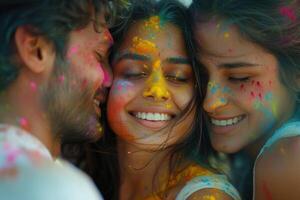 AI generated Family Bonding Over Holi Color Play. A family enjoys a close-up moment, faces covered with vibrant Holi colors, radiating joy and togetherness. photo