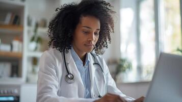 ai generado un enfocado médico en un laboratorio Saco es conductible un en línea salud consulta desde su oficina, Proporcionar médico Consejo mediante telemedicina foto