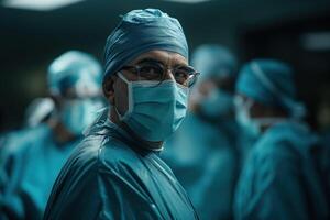 AI generated A surgeon in blue surgical attire and a face mask stands confidently among colleagues before performing a surgery in an operating room. photo