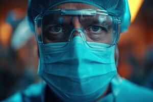 AI generated An experienced surgeon in blue scrubs and safety glasses intently prepares for a medical operation in a well-equipped operating room. Doctor man health in Operating room concept. photo