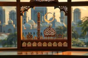 AI generated Intricate Paper Art of Islamic Architecture. A beautifully crafted paper art diorama depicting Islamic architecture with a crescent moon and stars in a night sky. photo