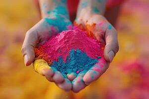 ai generado manos participación vibrante holi gulal polvo. de cerca de manos utilización de tazas brillantemente de colores gulal polvo, Listo para holi festival celebraciones foto