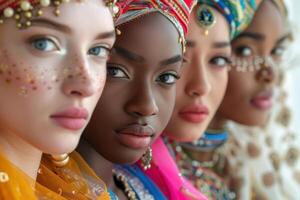AI generated Diverse Women in Traditional Headwear Close-Up. A striking close-up of diverse women adorned in colorful traditional headwear, showcasing cultural beauty. photo