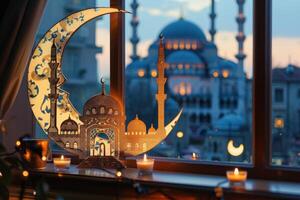 AI generated Intricate Paper Art of Islamic Architecture. A beautifully crafted paper art diorama depicting Islamic architecture with a crescent moon and stars in a night sky. photo