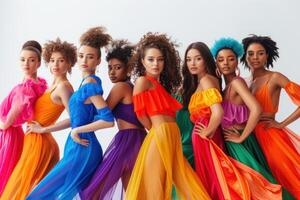 AI generated Diverse Women in Vibrant Rainbow Colored Dresses. A diverse array of women confidently posing in vibrant, flowing rainbow-colored dresses on a white background. photo