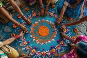 ai generado amigos creando vistoso rangoli Arte juntos. de cerca de manos meticulosamente elaboración un vibrante rangoli, un tradicional indio Arte formar durante un festival. foto