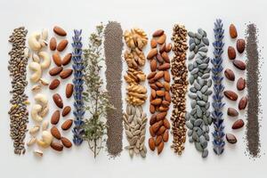 AI generated Artistic Nuts and Seeds Composition with Flowers. A creative display of various nuts and seeds with colorful flowers on a white background. photo