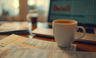 AI generated Coffee Cup Over Financial Documents Analysis. Close-up of a coffee cup on a saucer with blurred financial charts and a pen in the background, implying business analysis or morning market. photo