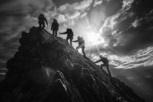 ai generado silueta caminantes ascendente un escarpado colina a amanecer. un grupo de caminantes, silueta en contra el cielo, vigorosamente ascender un escarpado colina con el amanecer detrás a ellos. foto