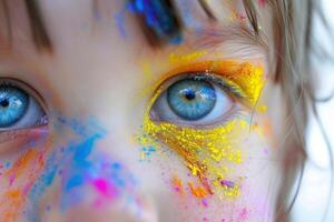 ai generado niño ojos adornado con holi festival colores. de cerca de un niño ojos, vibrante con el vistoso polvos de holi festival, reflejando alegría y celebracion. foto