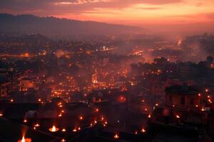 AI generated Diwali Lights Embrace the Cityscape at Twilight. A panoramic view of a bustling cityscape warmly lit with countless Diwali lamps as dusk falls, celebrating the Festival of Lights. photo