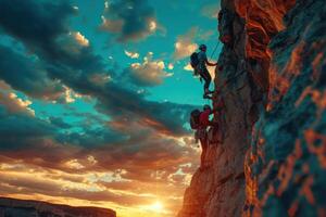 ai generado escaladores silueta en contra puesta de sol en Oceano acantilado. dos rock escaladores, silueta por el ajuste sol, escala un escarpado acantilado con vista a el océano. foto