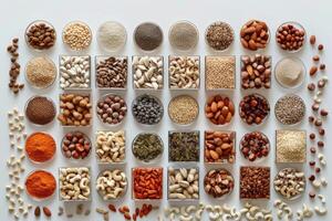 AI generated Artistic Nuts and Seeds Composition with Flowers. A creative display of various nuts and seeds with colorful flowers on a white background. photo