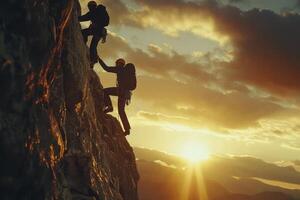 AI generated Climbers Silhouetted Against Sunset on Ocean Cliff. Two rock climbers, silhouetted by the setting sun, scale a steep cliff overlooking the ocean. photo