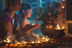 ai generado devoto mujer Orando en medio de diwali diyas. joven mujer en tradicional atuendo Orando con doblada manos, rodeado por iluminado diwali de barro lámparas foto