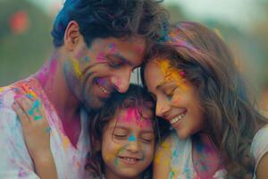 ai generado familia unión terminado holi color jugar. un familia disfruta un de cerca momento, caras cubierto con vibrante holi colores, radiante alegría y unión foto