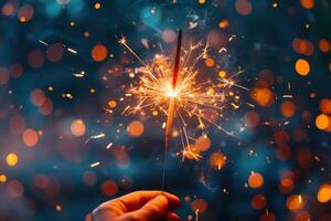 AI generated Sparkler Ignition Capturing Festive Excitement. Hand holding a brightly lit sparkler with vibrant sparks and bokeh lights in the background. photo
