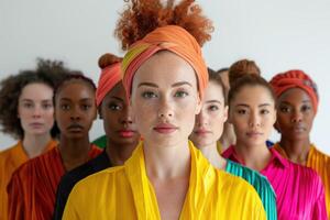 AI generated Diverse Women in Vibrant Rainbow Colored Dresses. A diverse array of women confidently posing in vibrant, flowing rainbow-colored dresses on a white background. photo