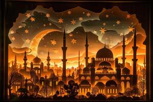 AI generated Intricate Paper Art of Islamic Architecture. A beautifully crafted paper art diorama depicting Islamic architecture with a crescent moon and stars in a night sky. photo