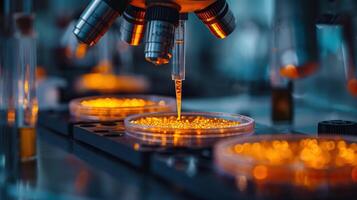 AI generated A scientist conducts a precise analysis using a microscope and pipette in a petri dish, surrounded by advanced laboratory equipment and glowing samples. photo