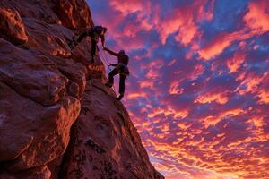 ai generado escaladores silueta en contra puesta de sol en Oceano acantilado. dos rock escaladores, silueta por el ajuste sol, escala un escarpado acantilado con vista a el océano. foto