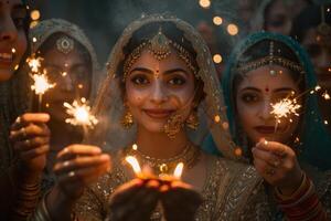 ai generado devoto mujer Orando en medio de diwali diyas. joven mujer en tradicional atuendo Orando con doblada manos, rodeado por iluminado diwali de barro lámparas foto