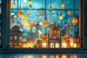 AI generated Intricate Paper Art of Islamic Architecture. A beautifully crafted paper art diorama depicting Islamic architecture with a crescent moon and stars in a night sky. photo