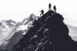 ai generado silueta caminantes ascendente un escarpado colina a amanecer. un grupo de caminantes, silueta en contra el cielo, vigorosamente ascender un escarpado colina con el amanecer detrás a ellos. foto