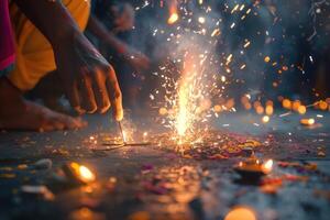 AI generated Sparkler Ignition Capturing Festive Excitement. Hand holding a brightly lit sparkler with vibrant sparks and bokeh lights in the background. photo