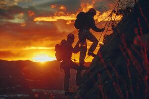 ai generado escaladores silueta en contra puesta de sol en Oceano acantilado. dos rock escaladores, silueta por el ajuste sol, escala un escarpado acantilado con vista a el océano. foto